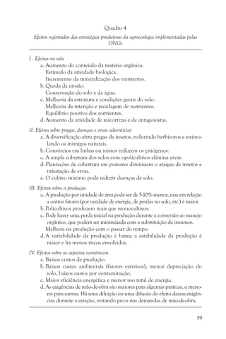 Quadro 4
  Efeitos registrados das estratégias produtivas da agroecologia implementadas pelas
                                         ONGs

I . Efeitos no solo
      a. Aumento do conteúdo da matéria orgânica.
         Estímulo da atividade biológica.
         Incremento da mineralização dos nutrientes.
      b. Queda da erosão.
         Conservação do solo e da água.
      c. Melhoria da estrutura e condições gerais do solo.
         Melhoria da retenção e reciclagem de nutrientes.
         Equilíbrio positivo dos nutrientes.
      d. Aumento da atividade de micorrizas e de antagonistas.
II. Efeitos sobre pragas, doenças e ervas adventícias
      a. A diversificação afeta pragas de insetos, reduzindo herbívoros e estimu-
          lando os inimigos naturais.
      b. Consórcios em linhas ou mistos reduzem os patógenos.
      c. A ampla cobertura dos solos com opolicultivos elimina ervas.
      d. Plantações de cobertura em pomares diminuem o ataque de insetos e
          infestação de ervas.
      e. O cultivo mínimo pode reduzir doenças de solo.
III. Efeitos sobre a produção
      a. A produção por unidade de área pode ser de 5-10% menor, mas em relação
          a outros fatores (por unidade de energia, de perdas no solo, etc.) é maior.
      b. Policultivos produzem mais que monocultivos.
      c. Pode haver uma perda inicial na produção durante a conversão ao manejo
          orgânico, que poderá ser minimizada com a substituição de insumos.
         Melhora na produção com o passar do tempo.
      d. A variabilidade da produção é baixa; a estabilidade da produção é
          maior e há menos riscos envolvidos.
IV. Efeitos sobre os aspectos econômicos
     a. Baixos custos de produção.
     b. Baixos custos ambientais (fatores externos), menor depreciação do
         solo, baixos custos por contaminação.
     c. Maior eficiência energética e menor uso total de energia.
     d. As exigências de mão-de-obra são maiores para algumas práticas, e meno-
         res para outras. Há uma diluição ou uma difusão do efeito dessas exigên-
         cias durante a estação, evitando picos nas demandas de mão-de-obra.


                                                                                   59
 
