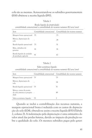 cola são as mesmas. Acrescentando-se os subsídios governamentais
($16) obtém-se a receita líquida ($91).
                                         Tabela 1
                          Renda líquida da propriedade:
   contabilidade convencional x contabilidade de recursos naturais ($/acre/ano)
Item                          Contabilidade convencional Contabilidade dos recursos naturais
Margem bruta operacional      75                           75
Menos, depreciação do
                              -                            24
solo
Renda líquida operacional     75                           51
Mais, subsídios do
                              16                           16
governo
Renda líquida da unidade
                              91                           67
de produção agrícola



                                         Tabela 2
                            Valor econômico líquido:
   contabilidade convencional x contabilidade de recursos naturais ($/acre/ano)
Item                          Contabilidade convencional Contabilidade dos recursos naturais
Margem bruta operacional      75                          75
Menos, depreciação do
                              -                           24
solo
Renda líquida operacional     75                          51
Menos, custos da erosão
do solo externos à proprie-   -                           49
dade
Valor econômico líquido       75                          2


     Quando se inclui a contabilização dos recursos naturais, a
margem operacional bruta é reduzida com os custos de deprecia-
ção do solo ($24), obtendo-se assim a receita líquida ($51) (Tabela
2, coluna 2). A indenização pela depreciação é uma estimativa do
valor atual das perdas futuras, devido ao impacto da produção so-
bre a qualidade do solo. Os mesmos subsídios pagos pelo gover-


                                                                                          85
 