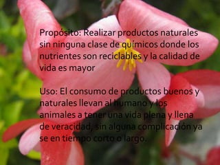 Propósito: Realizar productos naturales
sin ninguna clase de químicos donde los
nutrientes son reciclables y la calidad de
vida es mayor
Uso: El consumo de productos buenos y
naturales llevan al humano y los
animales a tener una vida plena y llena
de veracidad, sin alguna complicación ya
se en tiempo corto o largo.
 