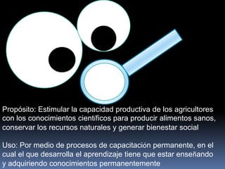 Propósito: Estimular la capacidad productiva de los agricultores
con los conocimientos científicos para producir alimentos sanos,
conservar los recursos naturales y generar bienestar social
Uso: Por medio de procesos de capacitación permanente, en el
cual el que desarrolla el aprendizaje tiene que estar enseñando
y adquiriendo conocimientos permanentemente
 