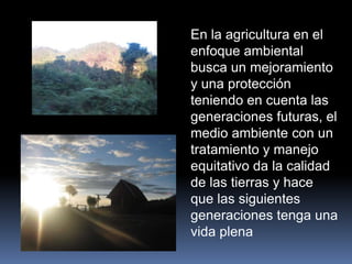 En la agricultura en el
enfoque ambiental
busca un mejoramiento
y una protección
teniendo en cuenta las
generaciones futuras, el
medio ambiente con un
tratamiento y manejo
equitativo da la calidad
de las tierras y hace
que las siguientes
generaciones tenga una
vida plena
 