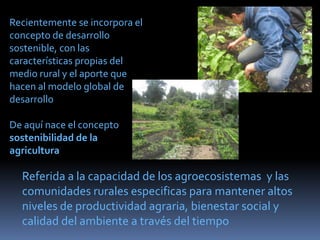Recientemente se incorpora el
concepto de desarrollo
sostenible, con las
características propias del
medio rural y el aporte que
hacen al modelo global de
desarrollo
De aquí nace el concepto
sostenibilidad de la
agricultura
Referida a la capacidad de los agroecosistemas y las
comunidades rurales especificas para mantener altos
niveles de productividad agraria, bienestar social y
calidad del ambiente a través del tiempo
 