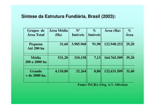 Sintese da Estrutura Fundiária, Brasil (2003):
Grupos de
Área Total
Área Média
(Ha)
Nº
Imóveis
%
Imóveis
Área (Ha) %
Área
Pequena
Até 200 ha
31,60 3.985.968 91,90 122.948.252 29,20
Média
200 a 2000 ha
531,20 310.158 7,13 164.765.509 39,20
Grande
+ de 2000 ha.
4.110,80 32.264 0,80 132.631.509 31,60
Fonte: INCRA (Org. A.V. Oliveira)
 
