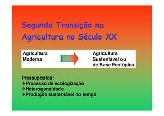 Segunda Transição na
Agricultura no Século XX
Pressupostos:
Processo de ecologização
Heterogeneidade
Produção sustentável no tempo
Agricultura Agricultura
Moderna Sustentável ou
de Base Ecológica
 