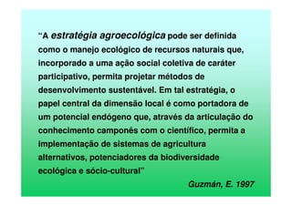 “A estratégia agroecológica pode ser definida
como o manejo ecológico de recursos naturais que,
incorporado a uma ação social coletiva de caráter
participativo, permita projetar métodos de
desenvolvimento sustentável. Em tal estratégia, o
papel central da dimensão local é como portadora de
um potencial endógeno que, através da articulação do
conhecimento camponês com o científico, permita a
implementação de sistemas de agricultura
alternativos, potenciadores da biodiversidade
ecológica e sócio-cultural”
Guzmán, E. 1997
 