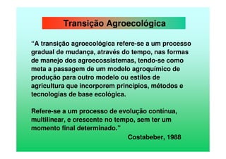 “A transição agroecológica refere-se a um processo
gradual de mudança, através do tempo, nas formas
de manejo dos agroecossistemas, tendo-se como
meta a passagem de um modelo agroquímico de
produção para outro modelo ou estilos de
agricultura que incorporem princípios, métodos e
tecnologias de base ecológica.
Refere-se a um processo de evolução contínua,
multilinear, e crescente no tempo, sem ter um
momento final determinado.”
Costabeber, 1988
Transição Agroecológica
 