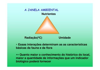 A JANELA AMBIENTAL
Nutrientes
Radiação(ºC) Umidade
∗ Essas interações determinam as as características
básicas da fauna e da flora
∗∗∗∗∗∗∗∗ Quanto maior o conhecimento do histórico do local,
maior a quantidade de informações que um indicador
biológico poderá fornecer
 