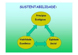 SUSTENTABILIDADE:
Princípios
Ecológicos
Viabilidade Eqüidade
Econômica Social
 