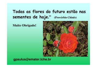 Todas as flores do futuro estão nas
sementes de hoje.” (Provérbio Chinês)
Muito Obrigado!
gpaulus@emater.tche.br
 