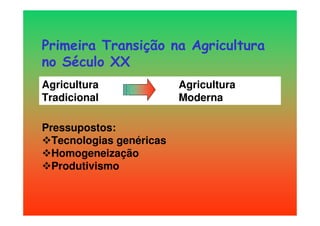 Primeira Transição na Agricultura
no Século XX
Pressupostos:
Tecnologias genéricas
Homogeneização
Produtivismo
Agricultura Agricultura
Tradicional Moderna
 