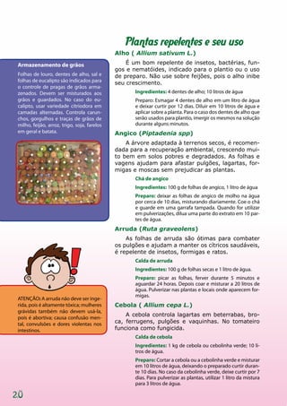 20
Plantas repelentes e seu uso
Alho ( Allium sativum L.)
É um bom repelente de insetos, bactérias, fun-
gos e nematóides, indicado para o plantio ou o uso
de preparo. Não use sobre feijões, pois o alho inibe
seu crescimento.
Ingredientes: 4 dentes de alho; 10 litros de água
Preparo: Esmagar 4 dentes de alho em um litro de água
e deixar curtir por 12 dias. Diluir em 10 litros de água e
aplicar sobre a planta. Para o caso dos dentes de alho que
serão usados para plantio, imergir os mesmos na solução
durante alguns minutos.
Angico (Piptadenia spp)
A árvore adaptada à terrenos secos, é recomen-
dada para a recuperação ambiental, crescendo mui-
to bem em solos pobres e degradados. As folhas e
vagens ajudam para afastar pulgões, lagartas, for-
migas e moscas sem prejudicar as plantas.
Chá de angico
Ingredientes: 100 g de folhas de angico, 1 litro de água
Preparo: deixar as folhas de angico de molho na água
por cerca de 10 dias, misturando diariamente. Coe o chá
e guarde em uma garrafa tampada. Quando for utilizar
em pulverizações, dilua uma parte do extrato em 10 par-
tes de água.
Arruda (Ruta graveolens)
As folhas de arruda são ótimas para combater
os pulgões e ajudam a manter os cítricos saudáveis,
é repelente de insetos, formigas e ratos.
Calda de arruda
Ingredientes: 100 g de folhas secas e 1 litro de água.
Preparo: picar as folhas, ferver durante 5 minutos e
aguardar 24 horas. Depois coar e misturar a 20 litros de
água. Pulverizar nas plantas e locais onde aparecem for-
migas.
Cebola ( Allium cepa L.)
A cebola controla lagartas em beterrabas, bro-
ca, ferrugens, pulgões e vaquinhas. No tomateiro
funciona como fungicida.
Calda de cebola
Ingredientes: 1 kg de cebola ou cebolinha verde; 10 li-
tros de água.
Preparo: Cortar a cebola ou a cebolinha verde e misturar
em 10 litros de água, deixando o preparado curtir duran-
te 10 dias. No caso da cebolinha verde, deixe curtir por 7
dias. Para pulverizar as plantas, utilizar 1 litro da mistura
para 3 litros de água.
ATENÇÃO: A arruda não deve ser inge-
rida, pois é altamente tóxica; mulheres
grávidas também não devem usá-la,
pois é abortiva; causa confusão men-
tal, convulsões e dores violentas nos
intestinos.
Armazenamento de grãos
Folhas de louro, dentes de alho, sal e
folhas de eucalipto são indicados para
o controle de pragas de grãos arma-
zenados. Devem ser misturados aos
grãos e guardados. No caso do eu-
calipto, usar variedade citriodora em
camadas alternadas. Controla carun-
chos, gorgulhos e traças de grãos de
milho, feijão, arroz, trigo, soja, farelos
em geral e batata.
 