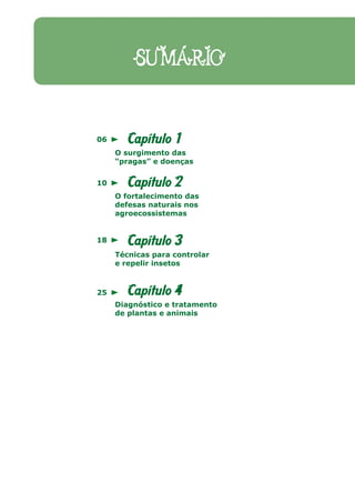 Capítulo 1
O surgimento das
“pragas” e doenças
Capítulo 2
O fortalecimento das
defesas naturais nos
agroecossistemas
Capítulo 3
Técnicas para controlar
e repelir insetos
Capítulo 4
Diagnóstico e tratamento
de plantas e animais
06
10
18
25
SUMÁRIO
 