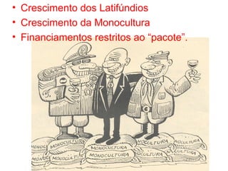 • Crescimento dos Latifúndios
• Crescimento da Monocultura
• Financiamentos restritos ao “pacote”.
 