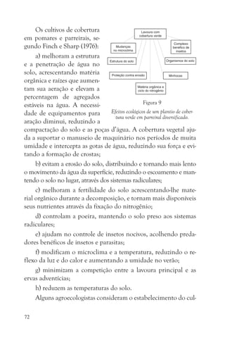 Os cultivos de cobertura
em pomares e parreirais, se-
gundo Finch e Sharp (1976):
     a) melhoram a estrutura
e a penetração de água no
solo, acrescentando matéria
orgânica e raízes que aumen-
tam sua aeração e elevam a
percentagem de agregados
estáveis na água. A necessi-                        Figura 9
dade de equipamentos para          Efeitos ecológicos de um plantio de cober-
                                      tura verde em parreiral diversificado.
aração diminui, reduzindo a
compactação do solo e as poças d’água. A cobertura vegetal aju-
da a suportar o manuseio de maquinário nos períodos de muita
umidade e intercepta as gotas de água, reduzindo sua força e evi-
tando a formação de crostas;
     b) evitam a erosão do solo, distribuindo e tornando mais lento
o movimento da água da superfície, reduzindo o escoamento e man-
tendo o solo no lugar, através dos sistemas radiculares;
     c) melhoram a fertilidade do solo acrescentando-lhe mate-
rial orgânico durante a decomposição, e tornam mais disponíveis
seus nutrientes através da fixação do nitrogênio;
     d) controlam a poeira, mantendo o solo preso aos sistemas
radiculares;
     e) ajudam no controle de insetos nocivos, acolhendo preda-
dores benéficos de insetos e parasitas;
     f) modificam o microclima e a temperatura, reduzindo o re-
flexo da luz e do calor e aumentando a umidade no verão;
     g) minimizam a competição entre a lavoura principal e as
ervas adventícias;
     h) reduzem as temperaturas do solo.
     Alguns agroecologistas consideram o estabelecimento do cul-

72
 