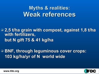 Myths & realities: Weak references <ul><li>2,5 t/ha grain with compost, against 1,8 t/ha with fertilizers, </li></ul><ul><...