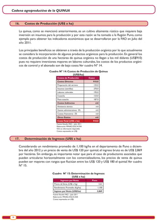 Cadena agroproductiva de la QUINUA
26
Cuadro Nº 14: Costos de Producción de Quinua
(US$/ha)
Fuente: Estudio FAO – Julio 2011
Elaboración: MINAG-DGCA-DIA
N/d: no información disponible
Costos expresados en US$.
Costos de Producción Cusco
Costos Directos 910.0
Preparación del terreno 135.0
Insumos (semillas) 270.0
Labores culturales 195.0
Cosecha 123.0
Post-cosecha 187.0
Costos Indirectos n/d
Asistencia técnica n/d
Gastos administrativos 5% n/d
Costos financieros 2% n/d
Otros Gastos n/d
CostoTotal (US$ x ha) 910.0
Cuadro Nº 15: Determinación de Ingresos
(US$ x ha)
Fuente: Estudio FAO – Julio 2011
Elaboración: MINAG-DGCA-DIA
Costos expresados en US$.
Ingresos porVenta Puno
Precio deVenta (US$ x Kg) 2.61
Rendimiento Promedio (Kg/ha) 1,100
Ingreso porVenta (US$/ha) 2,869
16.	 Costos de Producción (US$ x ha)
La quinua, como se mencionó anteriormente, es un cultivo altamente rústico que requiere baja
inversión en insumos para la producción y por esta razón se ha tomado a la Región Puno, como
ejemplo para obtener los indicadores económicos que se desarrollaron por la FAO en Julio del
año 2011.
Los principales beneficios se obtienen a través de la producción orgánica por lo que actualmente
se considera la incorporación de algunos productos orgánicos para la producción. En general los
costos de producción de una hectárea de quinua orgánica no llegan a los mil dólares (US$910)
pues no requiere inversiones mayores en labores culturales, los costos de los productos orgáni-
cos de control y el abonado son de bajo costo.Ver cuadro Nº 14.
17.	 Determinación de Ingresos (US$ x ha)
Considerando un rendimiento promedio de 1,100 kg/ha en el departamento de Puno a diciem-
bre del año 2012 y un precio de venta de US$ 120 por quintal, el ingreso bruto es de US$ 2,869
por hectárea. Sin embargo, es importante notar que para el caso de productores asociados que
pueden articularse horizontalmente con los comercializadores, los precios de venta de quinua
pueden ser mayores con rangos que fluctúan entre los US$ 120 y US$ 180 el quintal.Ver cuadro
Nº 15.
 