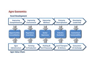 Consumers
Or Exchange
Local Transport
& Delivery
Packing &
Sort Processing
Farming
& Production
Agro
Infrastructure
Developing
Leadership
Economy
Diversification
Improving
Wellness
Improving
Environment
Improving
Competitiveness
Opportunities
Consolidation
Regulatory
Incentives
Sector
Openness
Industry
Evolution
Economical
Sustainability
Rural Development
Agro Value Chain