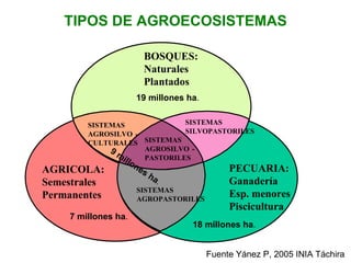 Fuente Yánez P, 2005 INIA Táchira PECUARIA: Ganadería Esp. menores Piscicultura AGRICOLA: Semestrales Permanentes BOSQUES: Naturales  Plantados SISTEMAS AGROPASTORILES SISTEMAS AGROSILVO - PASTORILES SISTEMAS AGROSILVO - CULTURALES SISTEMAS SILVOPASTORILES PECUARIA: Ganadería Esp. menores Piscicultura AGRICOLA: Semestrales Permanentes BOSQUES: Naturales  Plantados SISTEMAS AGROPASTORILES SISTEMAS AGROSILVO - PASTORILES SISTEMAS AGROSILVO - CULTURALES SISTEMAS SILVOPASTORILES 7 millones ha . 18 millones ha . 19 millones ha . 9 millones ha . TIPOS DE AGROECOSISTEMAS 