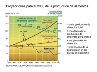Proyecciones para el 2003 de la producción de alimentos > de la producción de alimentos total > mas lento de la producción de alimentos por persona < del precio de los alimentos < disminución de la desnutrición en los países en desarrollo 