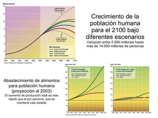 Crecimiento de la población humana para el 2100 bajo diferentes escenarios Variación entre 5.000 millones hasta mas de 14.000 millones de personas Abastecimiento de alimentos para población humana (proyección al 2003) El aumento de producción total es mas rápido que el por persona, que se mantiene casi estable 