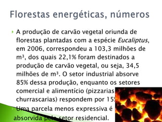 A produção de carvão vegetal oriunda de florestas plantadas com a espécie  Eucaliptus , em 2006, correspondeu a 103,3 milhões de m³, dos quais 22,1% foram destinados a produção de carvão vegetal, ou seja, 34,5 milhões de m³. O setor industrial absorve 85% dessa produção, enquanto os setores comercial e alimentício (pizzarias, padarias e churrascarias) respondem por 15%.  Uma parcela menos expressiva é absorvida pelo setor residencial. 