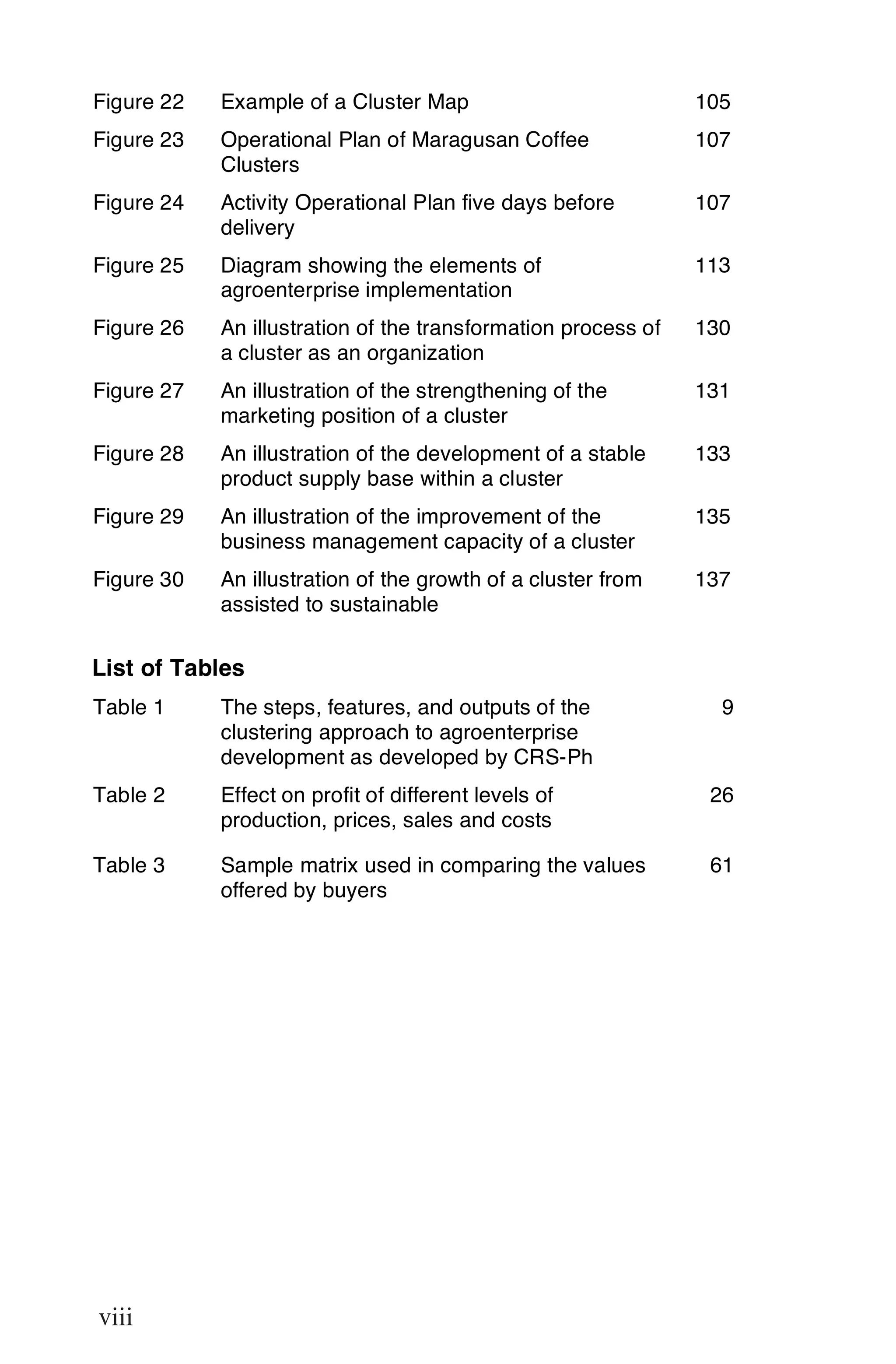 Figure 24    Activity Operational Plan five days before         107
             delivery
Figure 25    Diagram showing the elements of                    114
Figure 22    agroenterprise implementation
             Example of a Cluster Map                           105
Figure 26
       23    An illustration of the Maragusan Coffee
             Operational Plan of transformation process of      130
                                                                107
             a cluster as an organization
             Clusters
Figure 27
       24    An illustration of the Plan five days of the
             Activity Operational strengthening before          131
                                                                107
             marketing position of a cluster
             delivery
Figure 28
       25    An illustration of the development of a stable
             Diagram showing the elements of                    133
                                                                114
             product supply implementation
             agroenterprise base within a cluster
       26
Figure 29                           transformation process of
             An illustration of the improvement of the          130
                                                                135
             business as an organization
             a cluster management capacity of a cluster
       27
Figure 30    An illustration of the strengthening of the
                                    growth of a cluster from    131
                                                                137
             assisted toposition of a cluster
             marketing sustainable
Figure 28    An illustration of the development of a stable     133
List of Tables
            product supply base within a cluster
Figure1
Table 29     An illustration of the improvement of the
             The steps, features, and outputs of the            135
                                                                  9
             business management agroenterprise
             clustering approach to capacity of a cluster
Figure 30    An illustrationas developed by a cluster from
             development of the growth of CRS-Ph                137
Table 2      assisted to sustainable
             Effect on profit of different levels of             26
             production, prices, sales and costs
List of Tables
Table 3     Sample matrix used in comparing the values           61
Table 1      offered by buyers and outputs of the
             The steps, features,                                 9
             clustering approach to agroenterprise
             development as developed by CRS-Ph
Table 2      Effect on profit of different levels of             26
             production, prices, sales and costs

Table 3      Sample matrix used in comparing the values          61
             offered by buyers




viii




viii

viii
 