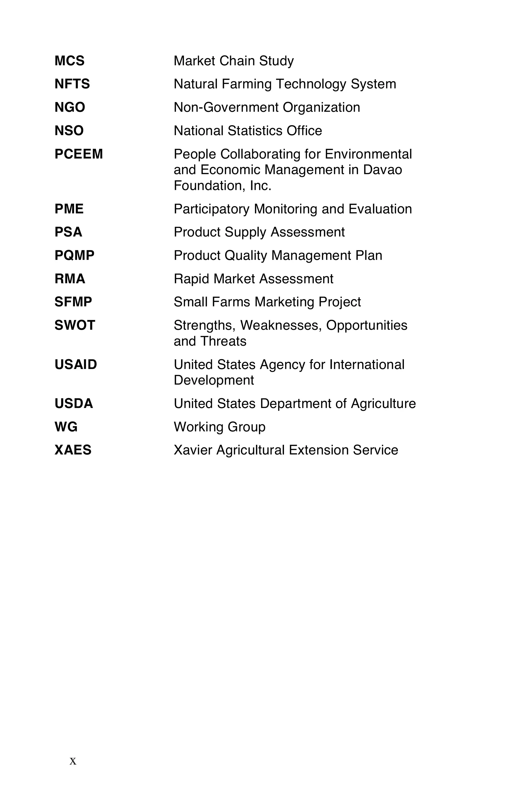 MCS     Market Chain Study
NFTS    Natural Farming Technology System
NGO     Non-Government Organization
NSO     National Statistics Office
PCEEM   People Collaborating for Environmental
        and Economic Management in Davao
        Foundation, Inc.
PME     Participatory Monitoring and Evaluation
PSA     Product Supply Assessment
PQMP    Product Quality Management Plan
RMA     Rapid Market Assessment
SFMP    Small Farms Marketing Project
SWOT    Strengths, Weaknesses, Opportunities
        and Threats
USAID   United States Agency for International
        Development
USDA    United States Department of Agriculture
WG      Working Group
XAES    Xavier Agricultural Extension Service




x



    x
 