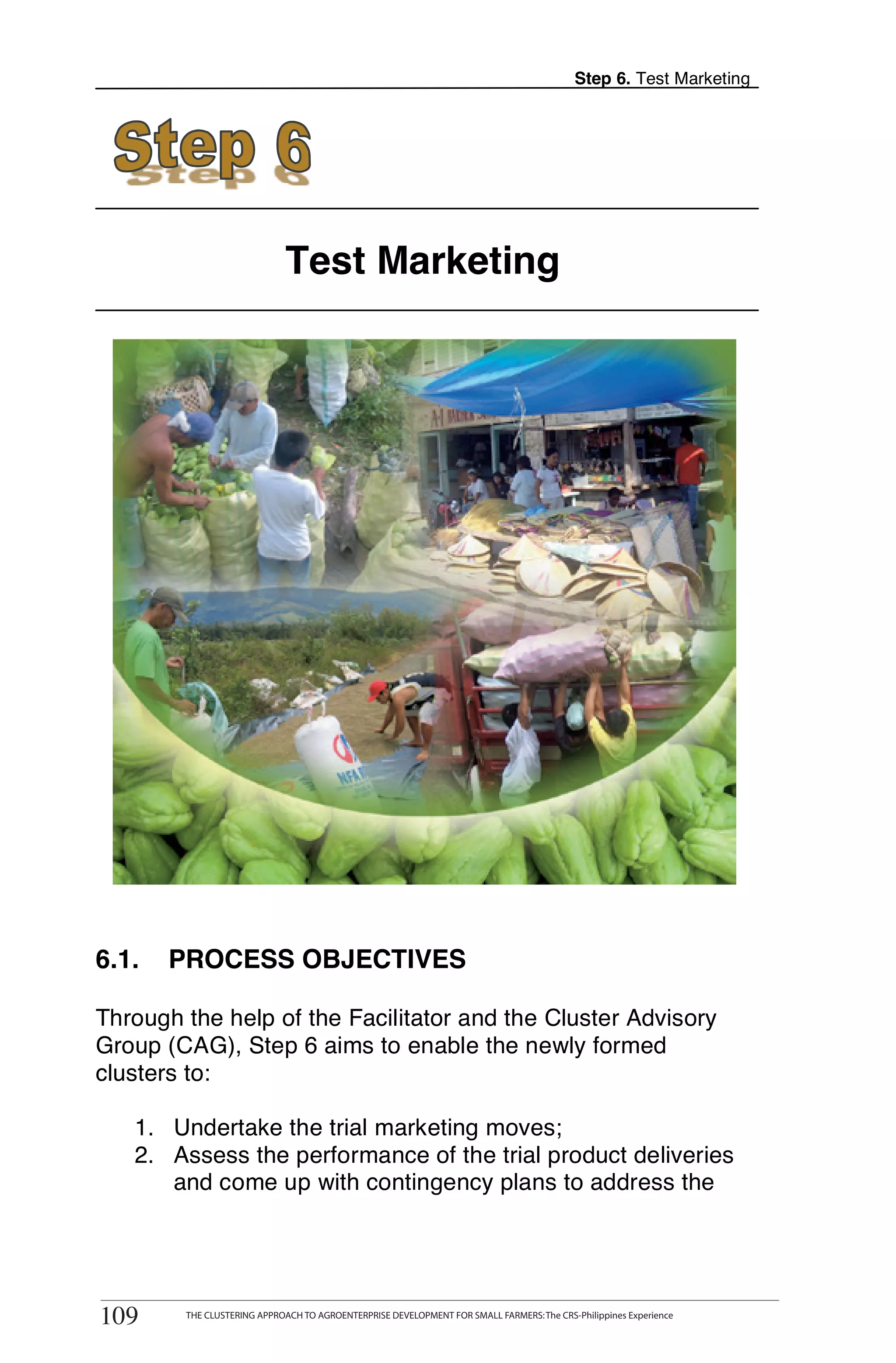 Step 6. Test Marketing




                               Test Marketing




6.1.    PROCESS OBJECTIVES

Through the help of the Facilitator and the Cluster Advisory
Group (CAG), Step 6 aims to enable the newly formed
clusters to:

   1. Undertake the trial marketing moves;
   2. Assess the performance of the trial product deliveries
      and come up with contingency plans to address the


       THE CLUSTERING APPROACH TO AGROENTERPRISE DEVELOPMENT FOR SMALL FARMERS: The CRS-Philippines Experience
109
109        THE CLUSTERING APPROACH TO AGROENTERPRISE DEVELOPMENT FOR SMALL FARMERS: The CRS-Philippines Experience
 