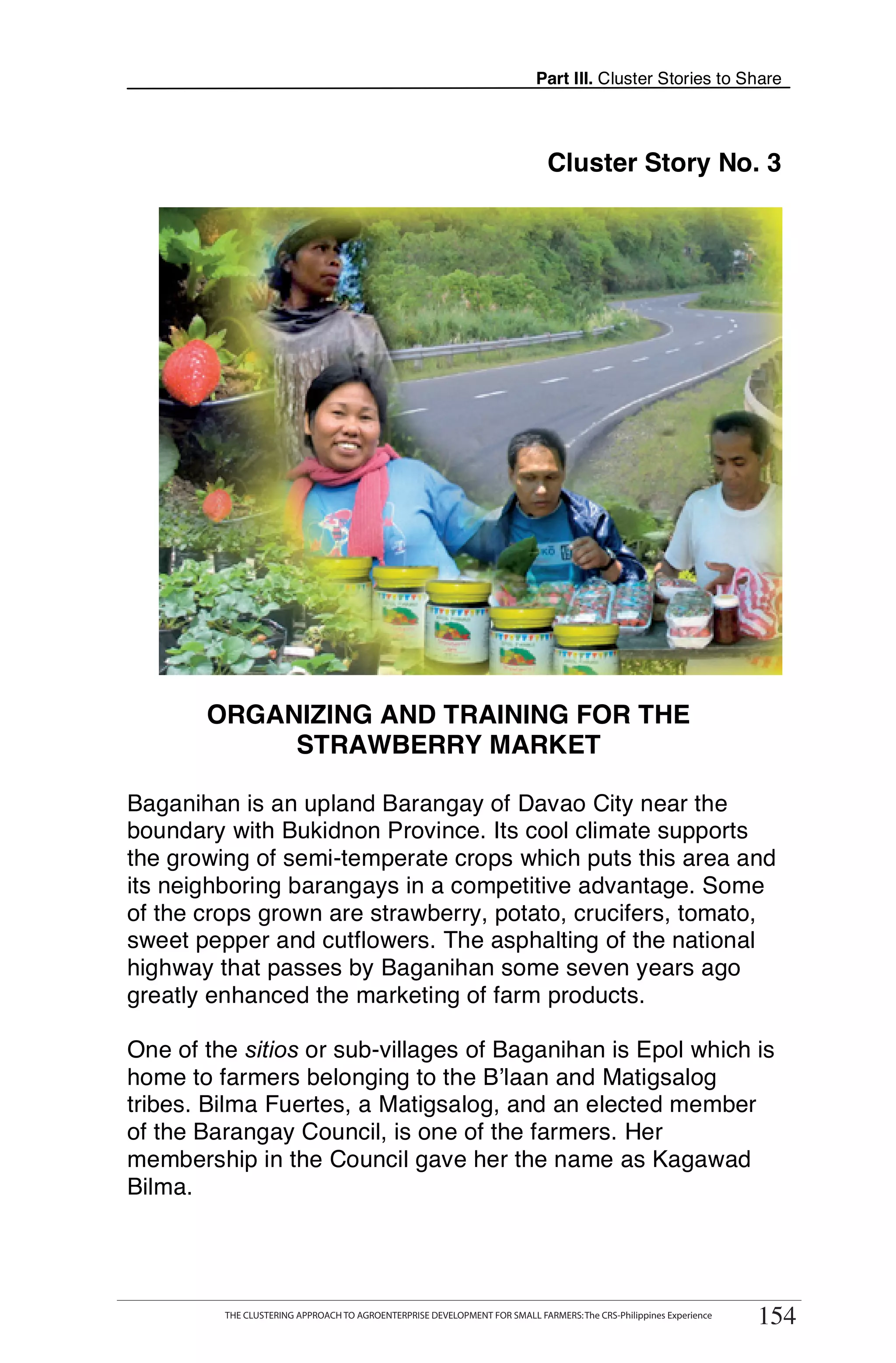 Part III. Cluster Stories to Share




                                                                                Cluster Story No. 3




        ORGANIZING AND TRAINING FOR THE
             STRAWBERRY MARKET

Baganihan is an upland Barangay of Davao City near the
boundary with Bukidnon Province. Its cool climate supports
the growing of semi-temperate crops which puts this area and
its neighboring barangays in a competitive advantage. Some
of the crops grown are strawberry, potato, crucifers, tomato,
sweet pepper and cutflowers. The asphalting of the national
highway that passes by Baganihan some seven years ago
greatly enhanced the marketing of farm products.

One of the sitios or sub-villages of Baganihan is Epol which is
home to farmers belonging to the B’laan and Matigsalog
tribes. Bilma Fuertes, a Matigsalog, and an elected member
of the Barangay Council, is one of the farmers. Her
membership in the Council gave her the name as Kagawad
Bilma.


      THE CLUSTERING APPROACH TO AGROENTERPRISE DEVELOPMENT FOR SMALL FARMERS: The CRS-Philippines Experience
                                                                                                                      154
            THE CLUSTERING APPROACH TO AGROENTERPRISE DEVELOPMENT FOR SMALL FARMERS: The CRS-Philippines Experience
                                                                                                                       154
 