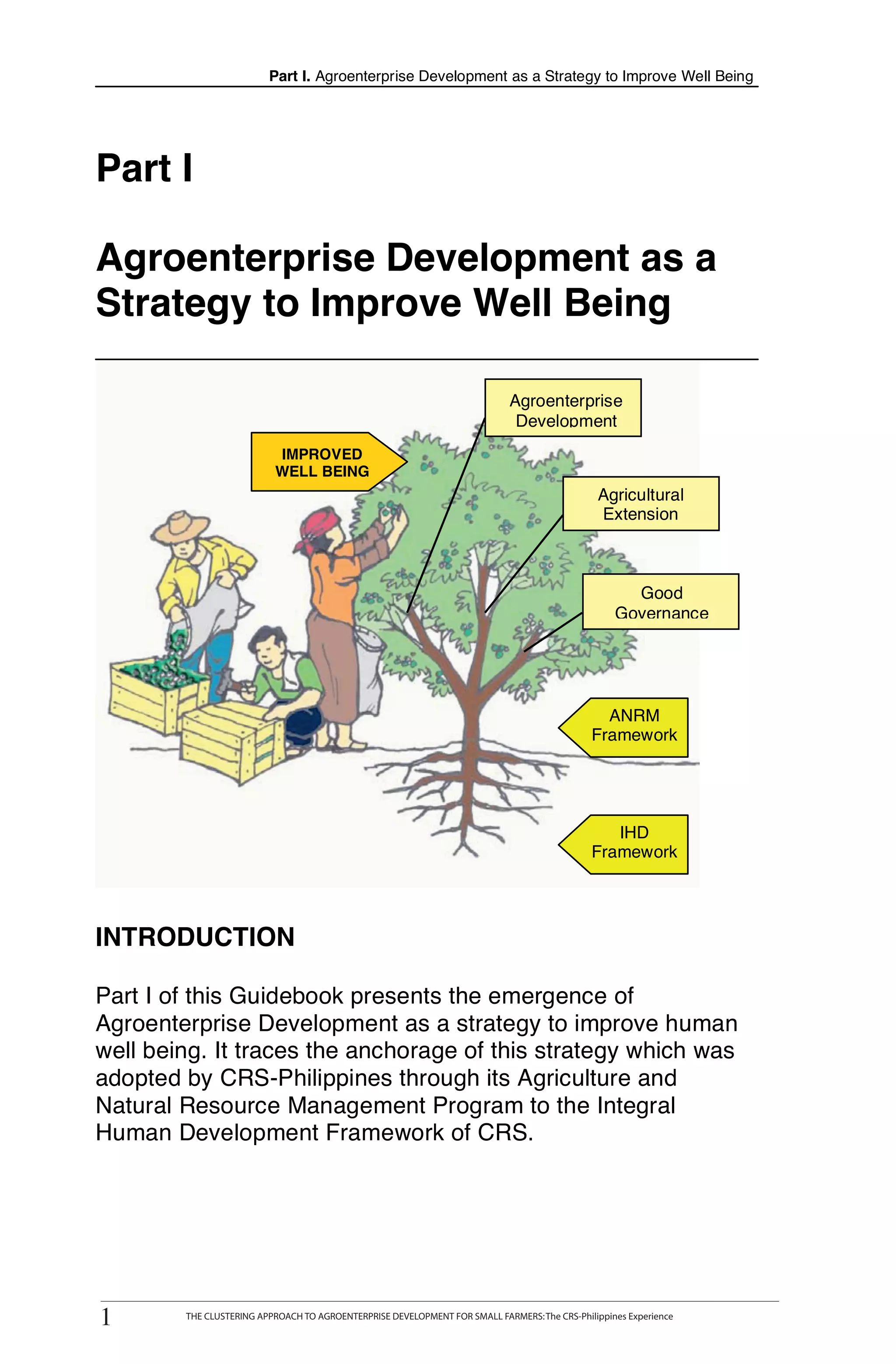Part I. Agroenterprise Development as a Strategy to Improve Well Being




Part I

Agroenterprise Development as a
Strategy to Improve Well Being

                                                                               Agroenterprise
                                                                                Development
                             IMPROVED
                             WELL BEING
                                                                                                  Agricultural
                                                                                                  Extension



                                                                                                       Good
                                                                                                     Governance




                                                                                                  ANRM
                                                                                                Framework




                                                                                                   IHD
                                                                                                Framework




INTRODUCTION

Part I of this Guidebook presents the emergence of
Agroenterprise Development as a strategy to improve human
well being. It traces the anchorage of this strategy which was
adopted by CRS-Philippines through its Agriculture and
Natural Resource Management Program to the Integral
Human Development Framework of CRS.




1
1
     THE CLUSTERING APPROACH TO AGROENTERPRISE DEVELOPMENT FOR SMALL FARMERS : The CRS-Philippines Experience
           THE CLUSTERING APPROACH TO AGROENTERPRISE DEVELOPMENT FOR SMALL FARMERS: The CRS-Philippines Experience
 