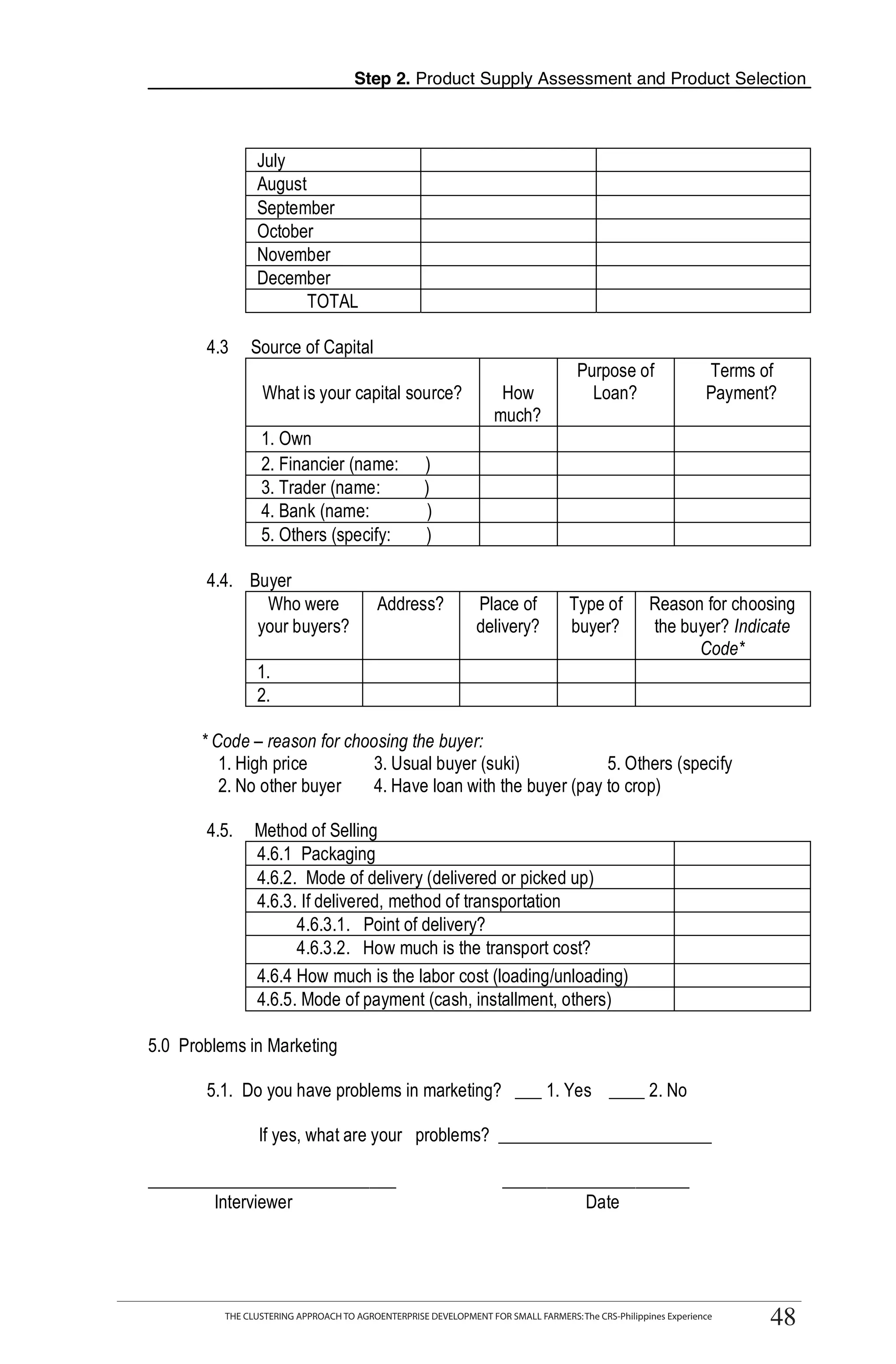 Step 2. Product Supply Assessment and Product Selection



                July
                August
                September
                October
                November
                December
                       TOTAL

       4.3     Source of Capital

                 What is your capital source?                      How
                                                                                    Purpose of
                                                                                      Loan?
                                                                                                               Terms of
                                                                                                               Payment?
                                                                                                                            T
                                                                  much?
                 1. Own
                                                                                                                            O
                 2. Financier (name:                )
                 3. Trader (name:                   )
                 4. Bank (name:                     )                                                                       O
                 5. Others (specify:                )

       4.4. Buyer                                                                                                           L
              Who were                    Address?             Place of           Type of          Reason for choosing
             your buyers?                                      delivery?          buyer?           the buyer? Indicate
                                                                                                         Code*
                1.
                2.

      * Code – reason for choosing the buyer:
                                                                                                                            K
         1. High price        3. Usual buyer (suki)            5. Others (specify
         2. No other buyer    4. Have loan with the buyer (pay to crop)
                                                                                                                            I
       4.5.     Method of Selling
                4.6.1 Packaging
                4.6.2. Mode of delivery (delivered or picked up)
                                                                                                                            T
                4.6.3. If delivered, method of transportation
                      4.6.3.1. Point of delivery?
                      4.6.3.2. How much is the transport cost?
                4.6.4 How much is the labor cost (loading/unloading)
                4.6.5. Mode of payment (cash, installment, others)

5.0 Problems in Marketing

       5.1. Do you have problems in marketing? ___ 1. Yes ____ 2. No

                 If yes, what are your problems? ________________________

____________________________                                        _____________________
        Interviewer                                                          Date



         THE CLUSTERING APPROACH TO AGROENTERPRISE DEVELOPMENT FOR SMALL FARMERS: The CRS-Philippines Experience
                                                                                                                       48
          THE CLUSTERING APPROACH TO AGROENTERPRISE DEVELOPMENT FOR SMALL FARMERS: The CRS-Philippines Experience
                                                                                                                      48
 