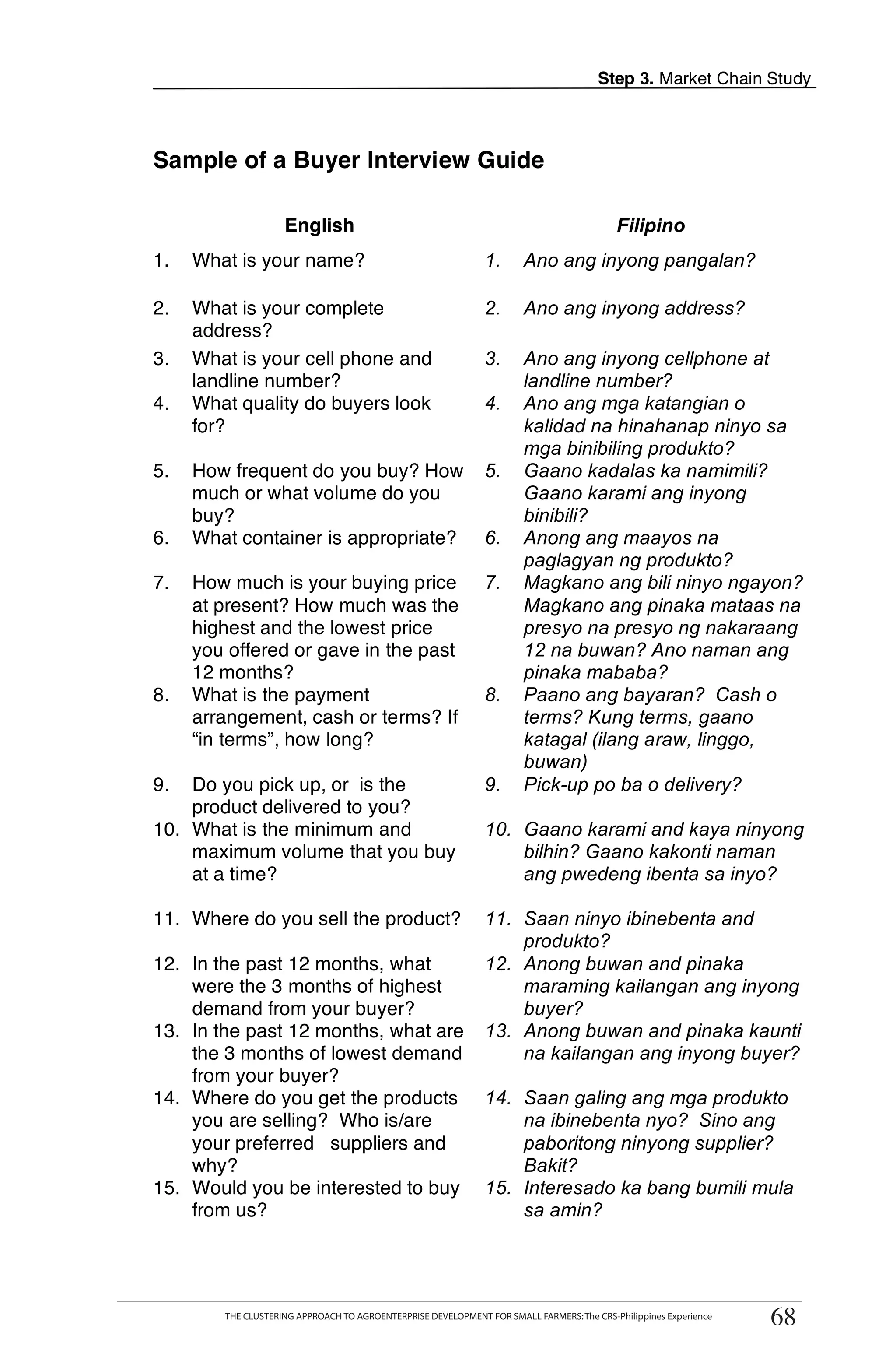 Step 3. Market Chain Study



Sample of a Buyer Interview Guide

                    English                                                               Filipino
1.   What is your name?                                       1.       Ano ang inyong pangalan?

2.   What is your complete                                    2.       Ano ang inyong address?
     address?
3.   What is your cell phone and                              3.       Ano ang inyong cellphone at
     landline number?                                                  landline number?
4.   What quality do buyers look                              4.       Ano ang mga katangian o
     for?                                                              kalidad na hinahanap ninyo sa
                                                                       mga binibiling produkto?
5.   How frequent do you buy? How                             5.       Gaano kadalas ka namimili?
     much or what volume do you
     buy?
                                                                       Gaano karami ang inyong
                                                                       binibili?
                                                                                                                        T
6.   What container is appropriate?                           6.       Anong ang maayos na

7.   How much is your buying price                            7.
                                                                       paglagyan ng produkto?
                                                                       Magkano ang bili ninyo ngayon?                   O
     at present? How much was the                                      Magkano ang pinaka mataas na
     highest and the lowest price
                                                                                                                        O
                                                                       presyo na presyo ng nakaraang
     you offered or gave in the past                                   12 na buwan? Ano naman ang
     12 months?                                                        pinaka mababa?
8.   What is the payment
                                                                                                                        L
                                                              8.       Paano ang bayaran? Cash o
     arrangement, cash or terms? If                                    terms? Kung terms, gaano
     “in terms”, how long?                                             katagal (ilang araw, linggo,
                                                                       buwan)
9.  Do you pick up, or is the                                 9.       Pick-up po ba o delivery?
    product delivered to you?
10. What is the minimum and                                   10. Gaano karami and kaya ninyong
    maximum volume that you buy                                   bilhin? Gaano kakonti naman                           K
    at a time?                                                    ang pwedeng ibenta sa inyo?

11. Where do you sell the product?                            11. Saan ninyo ibinebenta and
                                                                  produkto?
12. In the past 12 months, what                               12. Anong buwan and pinaka
    were the 3 months of highest                                  maraming kailangan ang inyong                         T
    demand from your buyer?                                       buyer?
13. In the past 12 months, what are                           13. Anong buwan and pinaka kaunti
    the 3 months of lowest demand                                 na kailangan ang inyong buyer?
    from your buyer?
14. Where do you get the products                             14. Saan galing ang mga produkto
    you are selling? Who is/are                                   na ibinebenta nyo? Sino ang
    your preferred suppliers and                                  paboritong ninyong supplier?
    why?                                                          Bakit?
15. Would you be interested to buy                            15. Interesado ka bang bumili mula
    from us?                                                      sa amin?


        THE CLUSTERING APPROACH TO AGROENTERPRISE DEVELOPMENT FOR SMALL FARMERS: The CRS-Philippines Experience
                                                                                                                   68
        THE CLUSTERING APPROACH TO AGROENTERPRISE DEVELOPMENT FOR SMALL FARMERS: The CRS-Philippines Experience
                                                                                                                  68
 