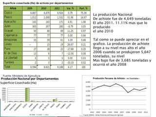 La producción Nacional 
De achiote fue de 4,649 toneladas 
El año 2011. 11.11% mas que lo 
producido 
el año 2010 
Tal como se puede apreciar en el 
grafico. La producción de achiote 
llego a su nivel mas alto el año 
2006 cuando se produjeron 5,647 
toneladas, su nivel 
Mas bajo fue de 3,685 toneladas y 
ocurrió el año 2008 
 