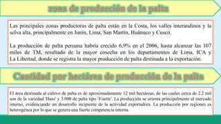 zona de producción de la palta 
Las principales zonas productoras de palta están en la Costa, los valles interandinos y la 
selva alta, principalmente en Junín, Lima, San Martín, Huánuco y Cusco. 
La producción de palta peruana habría crecido 6,9% en el 2006, hasta alcanzar las 107 
miles de TM, resultado de la mayor cosecha en los departamentos de Lima, ICA y 
La Libertad, donde se registra la mayor producción de palta destinada a la exportación. 
Cantidad por hectárea de producción de la palta 
El área destinada al cultivo de palta es de aproximadamente 12 mil hectáreas, de las cuales cerca de 2,2 mil 
son de la variedad 'Hass' y 3.000 de palta tipo ‘Fuerte'. La producción se orienta principalmente al mercado 
interno, evidenciando un desarrollo incipiente de la actividad exportadora. La producción por regiones es 
heterogénea por lo que se genera una fuerte competencia interna. 
 