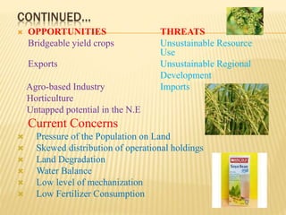 MAJOR ACHIEVEMENTS
India is
1. Largest producer in the world of pulses , tea , and milk
2. Second Largest producer of fruits, vegetables, wheat , rice,
groundnut and sugarcane.
3. Indian Agriculture Scenario
STRENGTHS WEAKNESS
 Rich Bio-diversity Fragmentation of land
 Arable land Low Technology Inputs
 Climate Unsustainable Water Mangt
 Strong and well dispersed Poor Infrastructure
research and extension system Low value addition
 