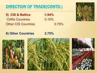 DIRECTION OF TRADE
1) Europe 21.56%
EU Countries (27) 20.17%
Other WE Countries 1.33%
East Europe 0.07%
2) Africa 5.77%
Southern Africa 1.85%
West Africa 1.76%
Central Africa 0.20%
East Africa 1.97%
3) America 15.04%
North America 11.56%
Latin America 3 .48%
4) Asia & ASEAN 53.94%
East Asia 0.95%
ASEAN 10.12%
WANA 22.02%
NE Asia 16.11%
South Asia 4.73%
 
