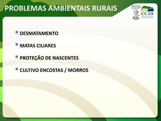 PROBLEMAS AMBIENTAIS RURAIS
DESMATAMENTO
MATAS CILIARES
PROTEÇÃO DE NASCENTES
CULTIVO ENCOSTAS / MORROS
 