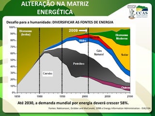 ALTERAÇÃO NA MATRIZ
ENERGÉTICA
Fontes: Nakícenovic, Grübler and MaConald, 1998 e Energy Information Administration - EIA/USA
Desafio para a humanidade: DIVERSIFICAR AS FONTES DE ENERGIA
Até 2030, a demanda mundial por energia deverá crescer 58%.
 