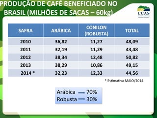 PRODUÇÃO DE CAFÉ BENEFICIADO NO
BRASIL (MILHÕES DE SACAS – 60kg)
SAFRA ARÁBICA
CONILON
(ROBUSTA)
TOTAL
2010 36,82 11,27 48,09
2011 32,19 11,29 43,48
2012 38,34 12,48 50,82
2013 38,29 10,86 49,15
2014 * 32,23 12,33 44,56
* Estimativa MAIO/2014
Arábica 70%
Robusta 30%
 