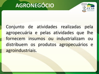 AGRONEGÓCIO
Conjunto de atividades realizadas pela
agropecuária e pelas atividades que lhe
fornecem insumos ou industrializam ou
distribuem os produtos agropecuários e
agroindustriais.
 
