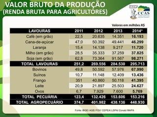 VALOR BRUTO DA PRODUÇÃO
(RENDA BRUTA PARA AGRICULTORES)
LAVOURAS 2011 2012 2013 2014*
Café (em grão) 22,5 20.635 14.351 16.193
Cana-de-açúcar 47,0 50.392 49.441 46.299
Laranja 15,4 14.138 9.217 11.720
Milho (em grão) 28,5 35.333 37.259 37.825
Soja (em grão) 62,8 73.364 91.567 98.271
TOTAL LAVOURAS 251,2 269.556 284.530 295.713
Bovinos 49,8 50.592 57.976 67.990
Suínos 10,7 11.148 12.409 13.436
Frango 351 40.860 50.118 41.395
Leite 20,9 21.897 25.503 24.627
Ovos 6,7 7.929 7.600 5.769
TOTAL PECUÁRIA 123,4 132.426 153.606 153.216
TOTAL AGROPECUÁRIO 374,7 401.982 438.136 448.930
Fonte: IBGE/ AGE/ FGV/ CEPEA/ LSPA/ Conab/ MAPA
Valores em milhões R$
 