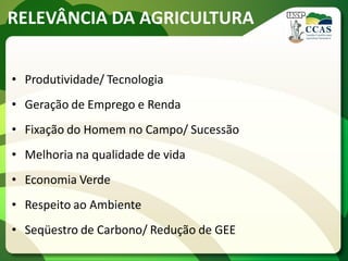 RELEVÂNCIA DA AGRICULTURA
• Produtividade/ Tecnologia
• Geração de Emprego e Renda
• Fixação do Homem no Campo/ Sucessão
• Melhoria na qualidade de vida
• Economia Verde
• Respeito ao Ambiente
• Seqüestro de Carbono/ Redução de GEE
 