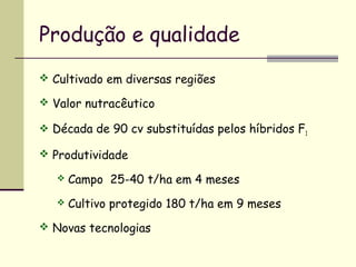 Produção e qualidade
 Cultivado em diversas regiões

 Valor nutracêutico

 Década de 90 cv substituídas pelos híbridos F1

 Produtividade

      Campo 25-40 t/ha em 4 meses
      Cultivo protegido 180 t/ha em 9 meses
 Novas tecnologias
 