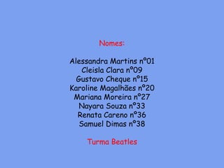 Nomes:
Alessandra Martins nº01
Cleisla Clara nº09
Gustavo Cheque nº15
Karoline Magalhães nº20
Mariana Moreira nº27
Nayara Souza nº33
Renata Careno nº36
Samuel Dimas nº38
Turma Beatles
 