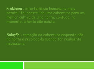 Problema : interferência humana no meio
natural; foi construída uma cobertura para um
melhor cultivo de uma horta, contudo, no
momento, a horta não existe.
Solução : remoção da cobertura enquanto não
há horta e recolocá-la quando for realmente
necessária.
 