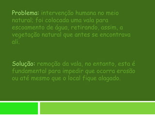 Problema: intervenção humana no meio
natural; foi colocada uma vala para
escoamento de água, retirando, assim, a
vegetação natural que antes se encontrava
ali.
Solução: remoção da vala, no entanto, esta é
fundamental para impedir que ocorra erosão
ou até mesmo que o local fique alagado.
 