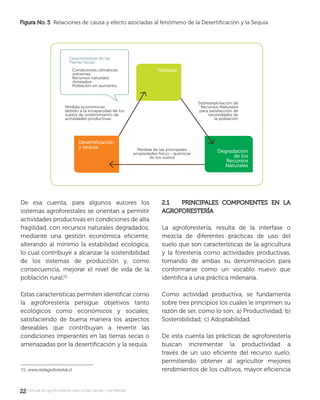 2222manual de agroforestería para zonas secas y semiáridas
De esa cuenta, para algunos autores los
sistemas agroforestales se orientan a permitir
actividades productivas en condiciones de alta
fragilidad, con recursos naturales degradados,
mediante una gestión económica eﬁciente,
alterando al mínimo la estabilidad ecológica,
lo cual contribuye a alcanzar la sostenibilidad
de los sistemas de producción y, como
consecuencia, mejorar el nivel de vida de la
población rural.
Estas características permiten identiﬁcar como
la agroforestería persigue objetivos tanto
ecológicos como económicos y sociales;
satisfaciendo de buena manera los aspectos
deseables que contribuyan a revertir las
condiciones imperantes en las tierras secas o
amenazadas por la desertiﬁcación y la sequía.
15. www.redagroforestal.cl
2.1 PRINCIPALES COMPONENTES EN LA2.1 PRINCIPALES COMPONENTES EN LA
AGROFORESTERÍAAGROFORESTERÍA
La agroforestería, resulta de la interfase o
mezcla de diferentes prácticas de uso del
suelo que son características de la agricultura
y la forestería como actividades productivas,
tomando de ambas su denominación para
conformarse como un vocablo nuevo que
identiﬁca a una práctica milenaria.
Como actividad productiva, se fundamenta
sobre tres principios los cuales le imprimen su
razón de ser, como lo son: a) Productividad; b)
Sostenibilidad; c) Adoptabilidad.
De esta cuenta las prácticas de agroforestería
buscan incrementar la productividad a
través de un uso eﬁciente del recurso suelo,
permitiendo obtener al agricultor mejores
rendimientos de los cultivos, mayor eﬁciencia
Figura No. 5Figura No. 5 Relaciones de causa y efecto asociadas al fenómeno de la Desertiﬁcación y la Sequía
 
