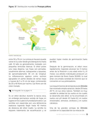 7373manual de agroforestería para zonas secas y semiáridas
entre 50 y 70 cm. La corteza es lisa pero puede
variar en su color desde gris blanquecino hasta
café. El tallo es generalmente moteado con
pequeñas lenticelas blancas. El árbol posee
una copa dispersa. Las hojas son pinnadas,
usualmente alternas, subopuestas u opuestas,
de aproximadamente 30 cm de longitud.
La inﬂorescencia aparece como racimos
agrupados en partes dístales de ramas viejas
y nuevas de 5 a 15 cm de largo, conteniendo
de 20 a 40 ﬂores por racimo. Las ﬂores son de
color morado.
Es un árbol deciduo durante la época seca,
sin embargo permanece vestido de hojas en
lugares en los cuales la humedad prevalece. Las
semillas son esparcidas por una dehiscencia
explosiva logrando llegar hasta 40 metros
de distancia del árbol madre. La semilla no
requiere tratamiento de escariﬁcación y se
pueden lograr niveles de germinación hasta
del 90%.
Después de la germinación, el árbol crece
rápidamente, logrando alcanzar los 3 metros
antes de la ﬂoración a una edad entre 6 y 8
meses. Los árboles individuales producen un
gran número de ﬂores (hasta 30,000), lo cual
atrae una amplia variedad de insectos que se
convierten en sus polinizadores.
Los requerimientos de temperatura de Gliricidia
han mostrado amplia variación, desde 20 hasta
29 ºC, en sus sitios nativos. También es muy
variable la calidad de los suelos en los cuales
se desarrolla este árbol; se ha encontrado en
suelos con pH desde 4.5 hasta 6.2, en suelos
erosionados, arenosos, arcillosos y en suelos
calcáreos.
Una de las grandes ventajas de Gliricidia
consiste en la capacidad de sus estacas de
Ver Fotografía 3 en la página 74.
Figura 17.Figura 17. Distribución mundial de Prosopis juliﬂoraProsopis juliﬂora
Fuente: www.fao.org
 