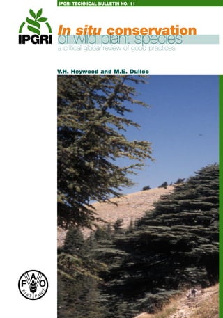 In situ conservation
of wild plant speciesa critical global review of good practices
ISBN-13: 978-92-9043-698-0
ISBN-10: 92-9043-698-0
InsituconservationofwildplantspeciesTechnicalBulletinNo.11IPGRI
IPGRI TECHNICAL BULLETIN NO. 11
V.H. Heywood and M.E. Dulloo
IPGRI is
a Future Harvest Centre
supported by the
Consultative Group on
International Agricultural
Research (CGIAR)
IPGRI is
a Future Harvest Centre
supported by the
Consultative Group on
International Agricultural
Research (CGIAR)
 