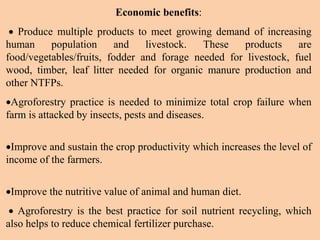 Economic benefits:
 Produce multiple products to meet growing demand of increasing
human population and livestock. These products are
food/vegetables/fruits, fodder and forage needed for livestock, fuel
wood, timber, leaf litter needed for organic manure production and
other NTFPs.
Agroforestry practice is needed to minimize total crop failure when
farm is attacked by insects, pests and diseases.
Improve and sustain the crop productivity which increases the level of
income of the farmers.
Improve the nutritive value of animal and human diet.
 Agroforestry is the best practice for soil nutrient recycling, which
also helps to reduce chemical fertilizer purchase.
 